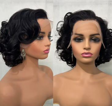 12A 100% Vietnamese Double Drawn Human Hair Wigs 250 Density 10" Short Bouncy Curly Bob Wavy Glueless HD 13X4 Lace Frontal Wigs