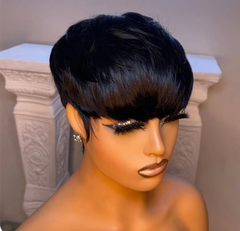 Short Straight Bob Wig Pixie Cut Wig Human Hair For Black Women With Bangs Brazilian Virgin Hair Non Lace front Cheap Wig Black